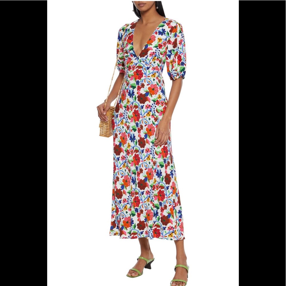 RIXO white Steph tie back floral crepe midi dress